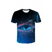 Mens Summer New Stylish 3D Eye Print Round Neck Short Sleeve Loose Leisure Blue T-Shirt