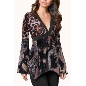 Hot Stylish Classic Long Sleeve Plunge V Neck Leopard Patched Floral Print Basics T-Shirts