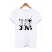 New Arrival White Rolled Sleeve CROWN Letter Spider Printed Simple Loose T Shirt