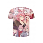 Summer Funny 3D Comic Anime Character Printed Short Sleeve Pink T-Shirt