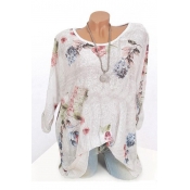 Womens Chic Floral Plants Print Round Neck Long Sleeve Loose T-Shirt