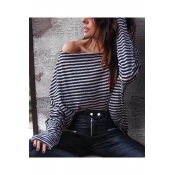 Womens Fancy Striped Print Oblique Round Neck Long Sleeve Casual Loose Grey And Blue T-Shirt