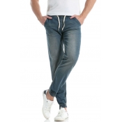Men's New Fashion Simple Plain Vintage Washed Drawstring Waist Elastic Cuffs Casual Jeans