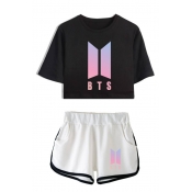 New Trendy Kpop Logo Printed Short Sleeve Crop Tee with Dolphin Shorts Two-Piece Set