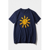 Summer Simple Funny Cartoon Sun Printed Round Neck Short Sleeve Loose T-Shirt