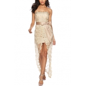 Womens Hot Fashion Off the Shoulder Sleeveless Floral Embroidery Lace Print Tie Split Front Plain Asymmetrical Bodycon Maxi Dress