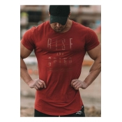 Hot Fashion Mens Short Sleeve Round Neck RISE Letter Sport Fitness Cotton T-Shirt