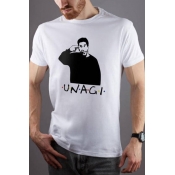 Young Mens White Short Sleeve Round Neck UNAGI Letter Human Printed Leisure Humor T-Shirt