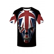 Summer New Trendy Skull National Flag Short Sleeve Round Neck Casual Black T-Shirt