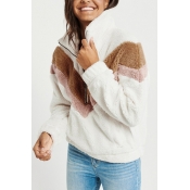 Womens Winter Hot Fashion Chevron Colorblock Stand Collar Long Sleeve Half-Zip Fluffy Fleece Sweatshirt
