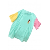 Summer Colorblock Patch Sleeve Round Neck Lion Pocket Printed Cute T-Shirt