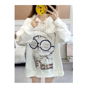 WHO Letter Cartoon Cat Printed Round Neck High Low Long Sleeve Loose Pullover Hoodie