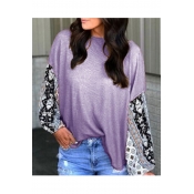 Womens Fancy Colorblock Tribal Print Round Neck Long Sleeve Casual Loose Tee