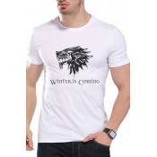 Mens Fashion White Short Sleeve Round Neck Winter Is Coming Letter Printed Slim Fit T Shirt