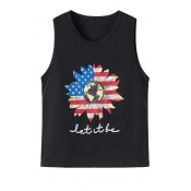 Summer Sleeveless Scoop Neck Letter Flag Floral Printed Fitted Tank Tee