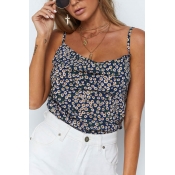 Summer Solid Color Sleeveless Straps Flower Printed Sexy Chiffon Cami Top
