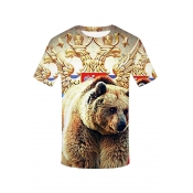 Summer Funny 3D Bear Print Short Sleeve Round Neck Relaxed Khaki T-Shirt for Men