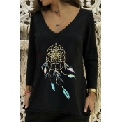 Fashion Dreamcatcher Printed V-Neck Long Sleeve Loose Fitted T-Shirt