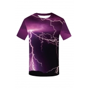 Mens New Stylish Short Sleeve Round Neck Lightning Printed Purple T Shirt For Men