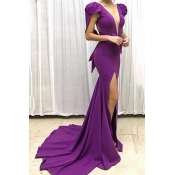 Womens Hot Fashion Dark V-Neck Cap Sleeve Split Front Purple Enevning Bodycon Floor Length Dress