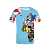 Men's Stylish Funny National Flag Earth Pattern Round Neck Short Sleeve Casual Blue T-Shirt