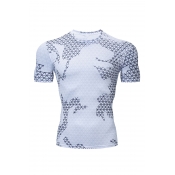 Summer New Stylish Geometric Pattern Round Neck Short Sleeve Slim Fitted Sports White T-Shirt For Men