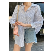 Blue Long Sleeve Vertical Striped Hollow Out Back Button Front Loose Shirt