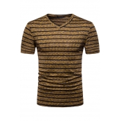Mens Hot Trendy Short Sleeve V Neck Striped Printed Fitted Pullover T-Shirt