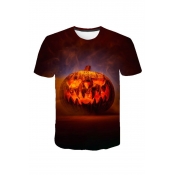Mens Halloween Cool Pumpkin Print Round Neck Short Sleeve Casual Basic T-Shirt