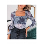 Tie Dye Print Long Sleeve Square Neck Mesh Patched Casual Purple T-Shirt