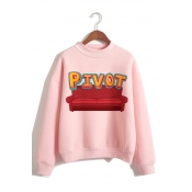 PIVOT Letter Sofa Printed Long Sleeve Mock Neck Pullover Pink Sweatshirt