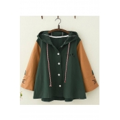 Students Preppy Style Cartoon Cat Color Block Long Sleeve Buttons Down Loose Jacket