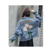 Chic Floral Letter Embroidered Back Cut Out Detail Lapel Collar Long Sleeve Buttons Down Denim Jacket