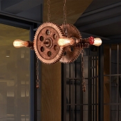 Rust Gear Ceiling Pendant Light Vintage Metal 4 Lights Open Bulb Hanging Lamps for Restaurant