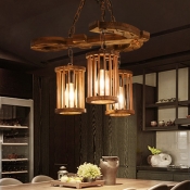 Rustic Cylinder Pendant Light Fixtures Iron and Wood Hanging Light Fixtures for Restaurant