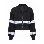 Hot Popular Reflect Light Stripe Zippered Pocket Lapel Collar Color-Block Cropped Zip Up Casual Jacket Coat