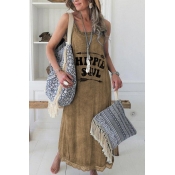 Casual Womens Arrow Letter Hippie Soul Pattern Crew Neck Asymmetrical Hem Sleeveless Regular Fit Midi Tank Dress