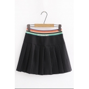 New Fashion Striped Elastic Waist Black Pleated Mini Skirt