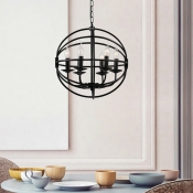 Black Sphere Pendant Ceiling Lights Retro Style Iron 6 Light Candle Hanging Lamps in Black for Kitchen Table