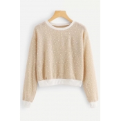 Fashion Simple Khaki Round Neck Long Sleeve Casual Crop Sweater