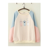 Lovely Cartoon Cat Claw Pattern Color Block Round Neck Long Sleeve Loose Pullover Sweatshirt