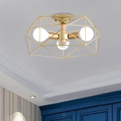 Gold Cage Semi-Flush Mount Transitional Metal Geometric Semi Flush Mount Light for Bedroom