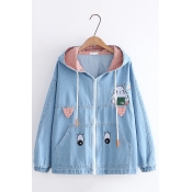 Pretty Rabbit Embroidered Patchwork Plaid Printed Rabbit Ear Hooded Zipper Denim Jacket For Girls