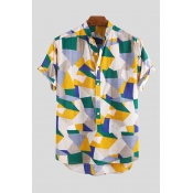Womens Colorful Geometric Printed Short Sleeve Single Breasted Casual Shirt