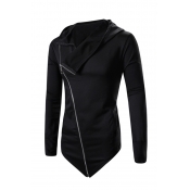 Black Oblique Zipper Design Long Sleeve Asymmetric Hoodie