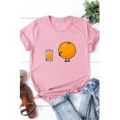 Orange Pattern Printed Short Sleeve Round Neck Loose Casual T-Shirt Top