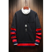 New Stylish Striped Patch Print Lapel Collared Long Sleeve Fake Two-Piece Sweatshirt with Big Pocket