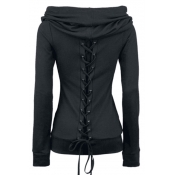 Gothic Funnel Collar Long Sleeve Lace-Up Black Slim Hoodie