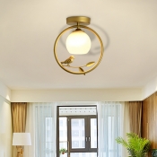 Gold Metal Ring Semi Flush Light with/without Crystal Modern 1 Bulb Ceiling Mounted Light with Glass Dome Lampshade