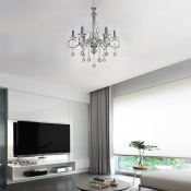 Contemporary Candle Chandelier Lighting with Clear Crystal Prisms 6 Lights Metal Living Room Pendant Lamp
